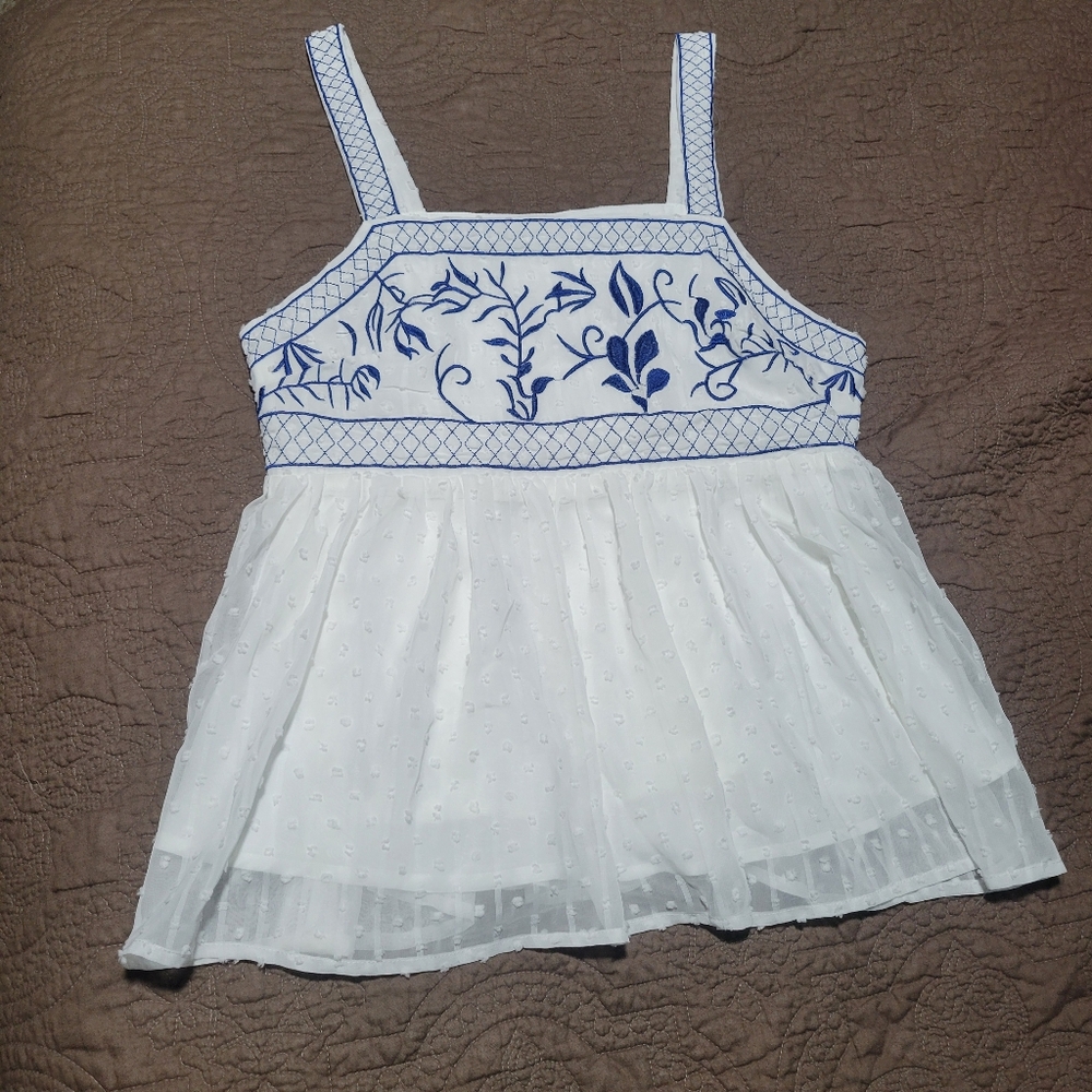 Greek Floral Embroidery Sun Top Tank Top Swiss Dot resortwear cami, size S - M